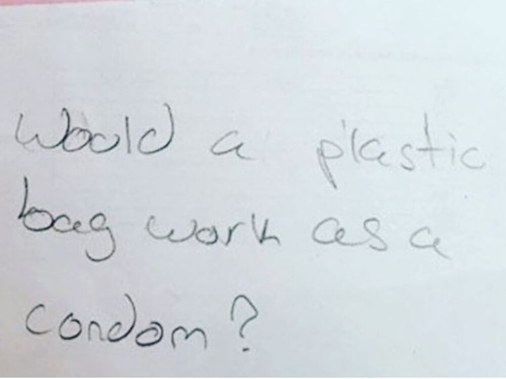 Question written on paper - Would a plastic bag work as a condom?