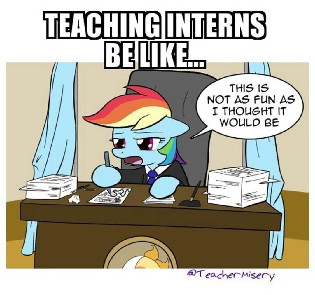 Rainbow Dash at a desk saying, "This is not as fun as I thought it would be" with text overlay - Teaching interns be like.