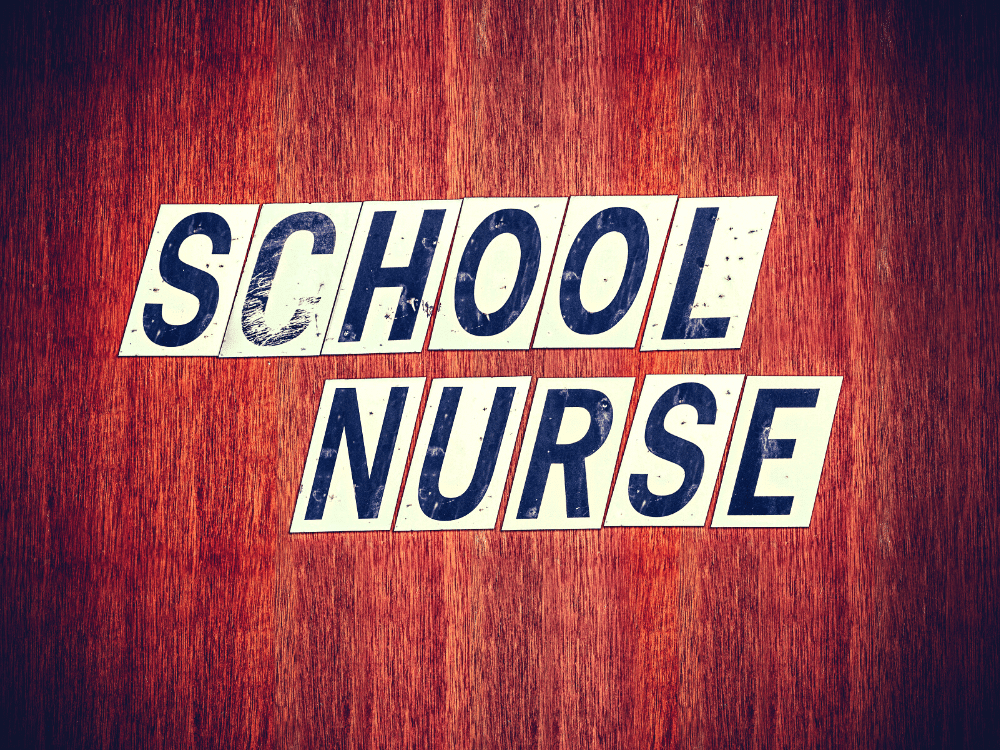 The words School Nurse on a wooden door.