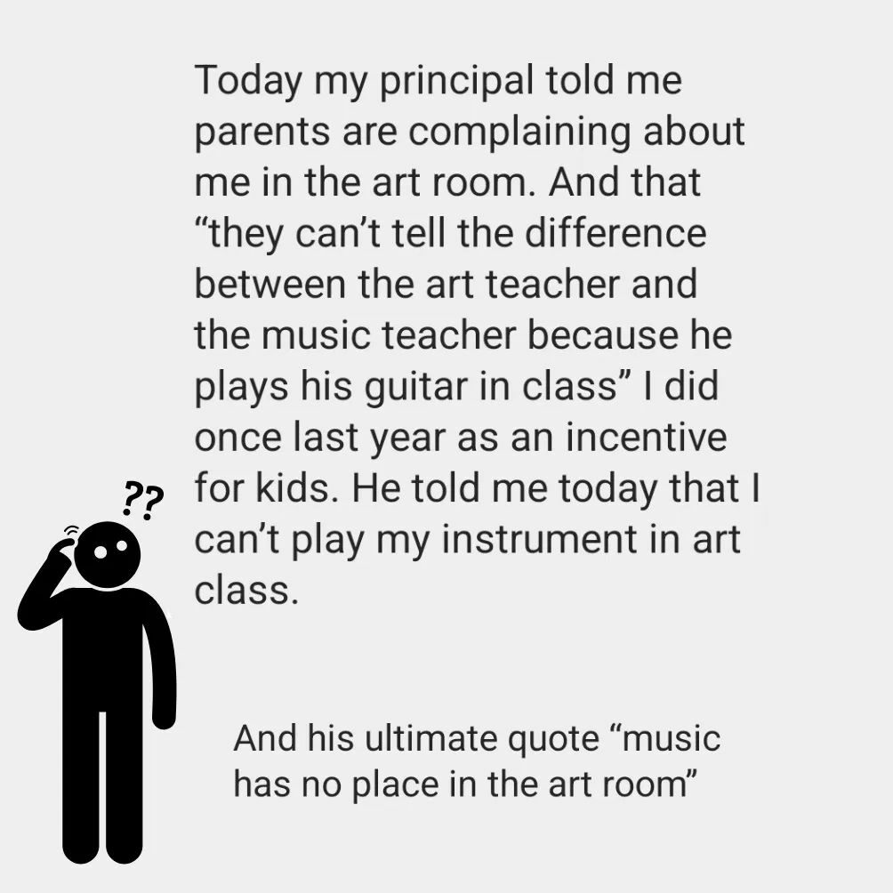 Teacher secret about a teacher refusing to allow music to be played in the art room.