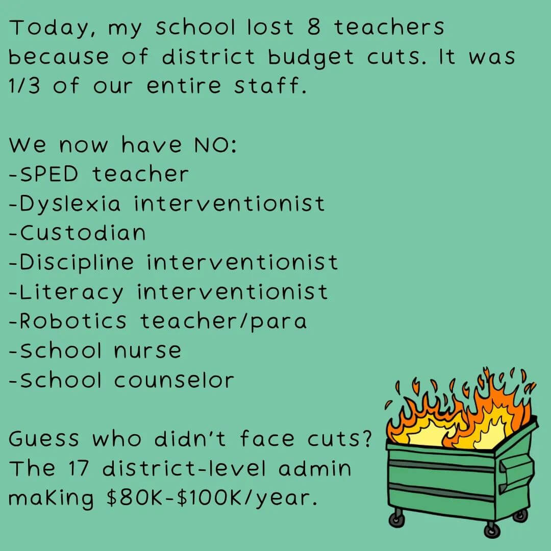 Teacher secret about a school losing 8 teachers due to budget cuts.