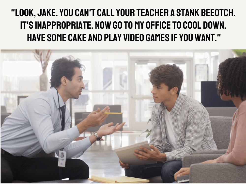 Teacher having a conversation with a student.