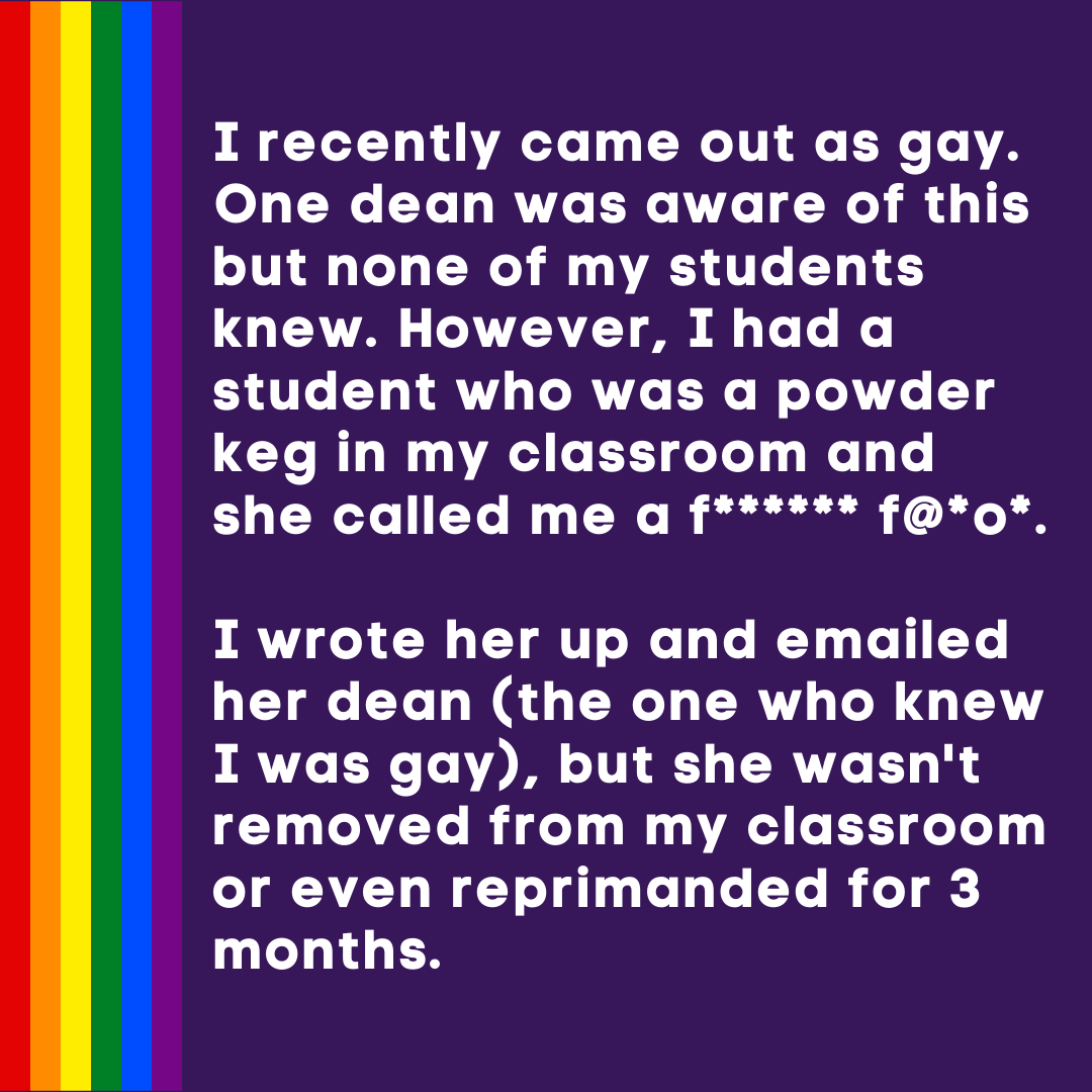 Teacher Secret that reads - I recently came out as gay. One dean was aware of this but none of my students knew. However, I had a student who was a powder keg in my classroom and she called me a f****** f@*o*. I wrote her up and emailed her dean (the one who knew I was gay), but she wasn't removed from my classroom or even reprimanded for 3 months.